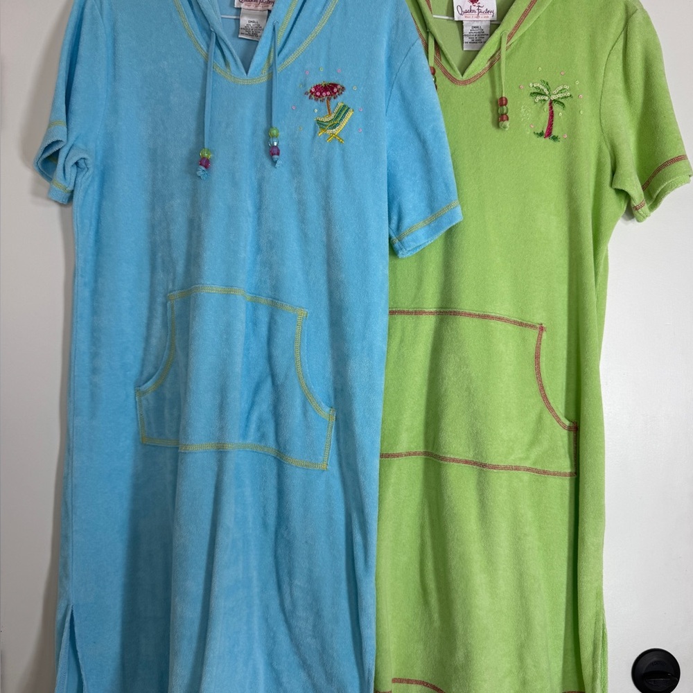 Quacker Factory Terrycloth Dress Swim Cover Up Small Hooded Blue Green BUNDLE 2